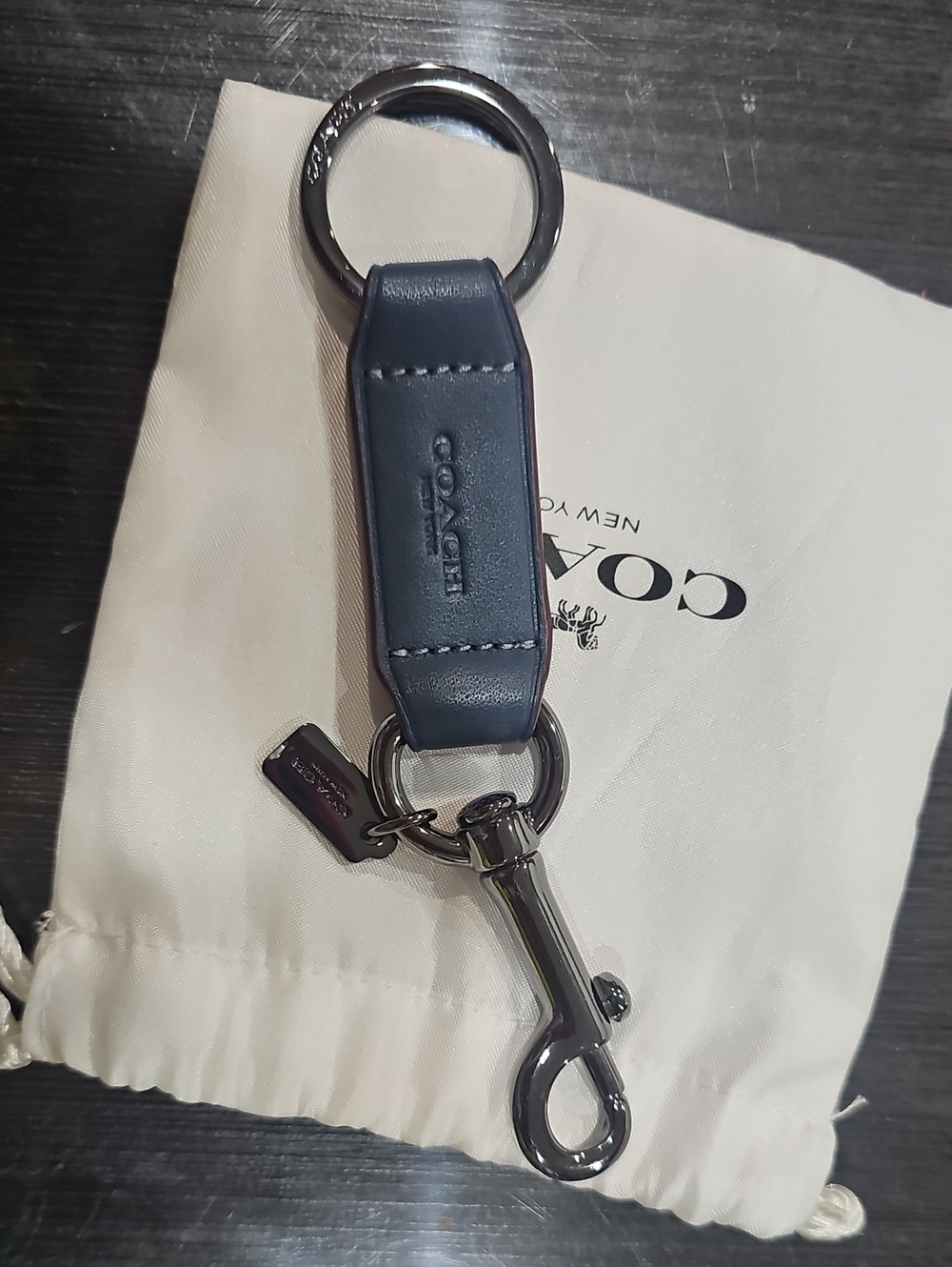 Coach Navy Leather Key Fob with Gunmetal Hardware